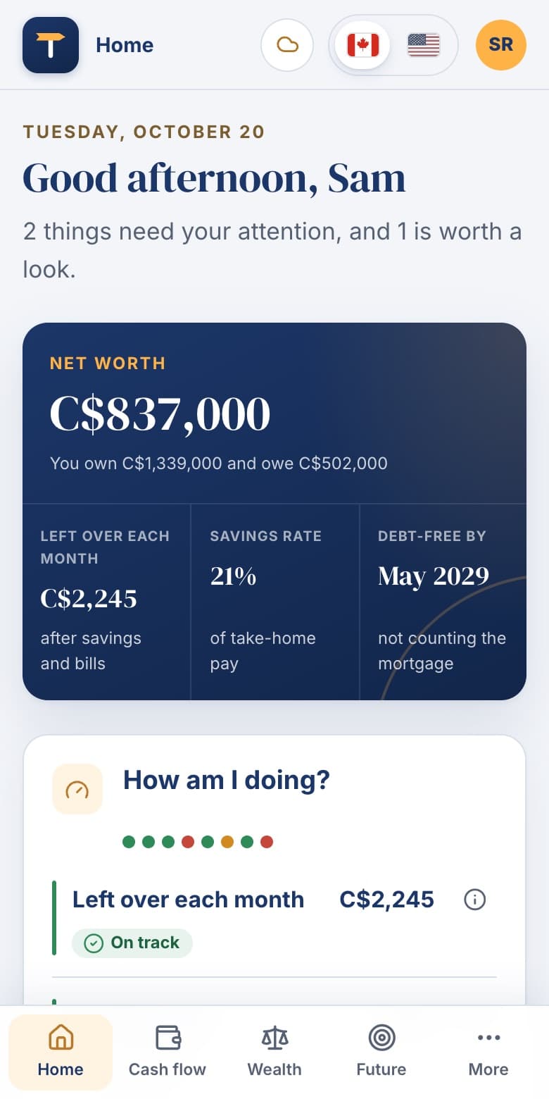 Truvane's Home page on a phone: net worth, money left over each month and a health check