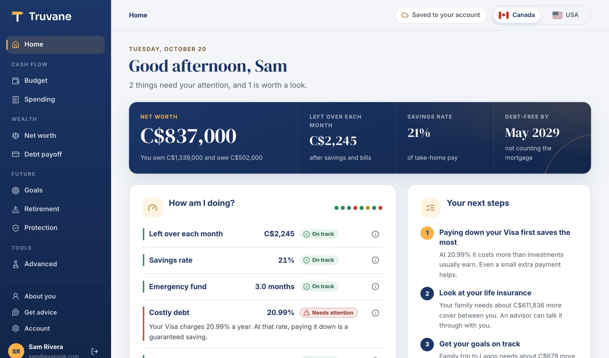 Truvane's Home page: net worth, money left over each month, a health check and next steps